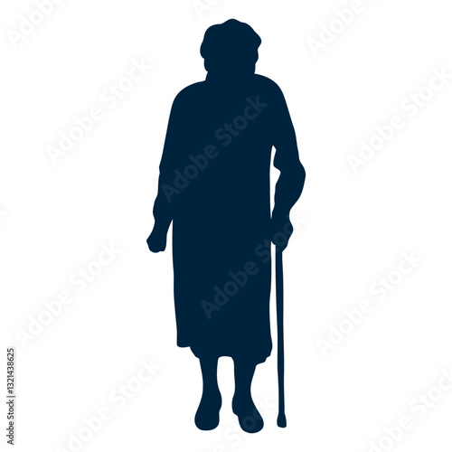 Silhouette of Woman with Cane: A stark silhouette of an aged woman with walking cane.