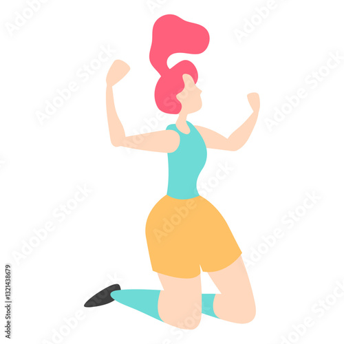 Triumphant Pose: A vibrant illustration of a woman kneels with her arms raised in a pose of elation and triumph, a celebration of achievement.
