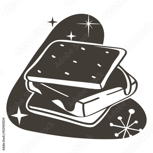 Retro Delight: A classic retro illustration of a toasted marshmallow and chocolate sandwich, evoking the simple pleasure of a sweet snack. 