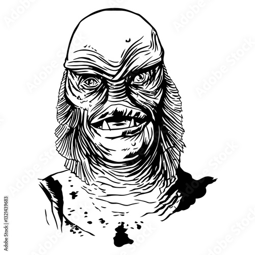 Creature from the Black Lagoon illustration: A chilling black and white illustration of the iconic creature from the Black Lagoon, rendered in stark lines and shadows. It embodies horror and suspense.