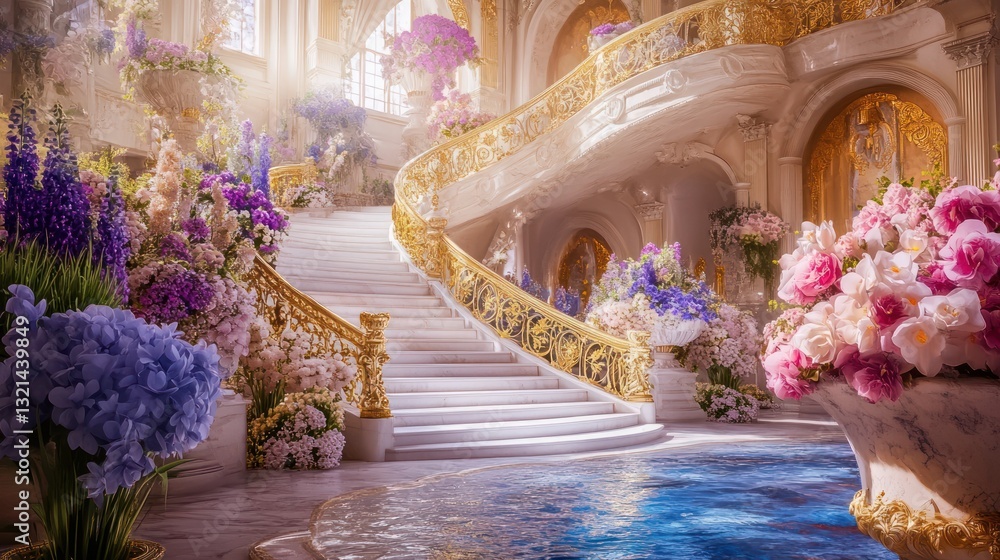 Obraz premium Spring festive marble stairs and arches with Hyacinth flowers and green leaves decorations, fantasy palace, stone spiral stair with floral garlands, fairytale princess castle interior, AI generated
