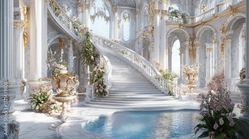 Spring festive marble stairs and arches with Hyacinth flowers and green leaves decorations, fantasy palace, stone spiral stair with floral garlands, fairytale princess castle interior, AI generated