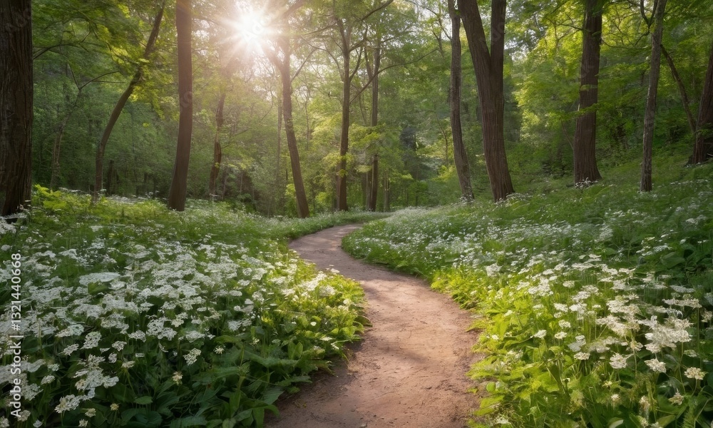 Fototapeta premium Sunlit Forest Path with Wildflowers and Tall Trees, Embracing Nature's Serenity