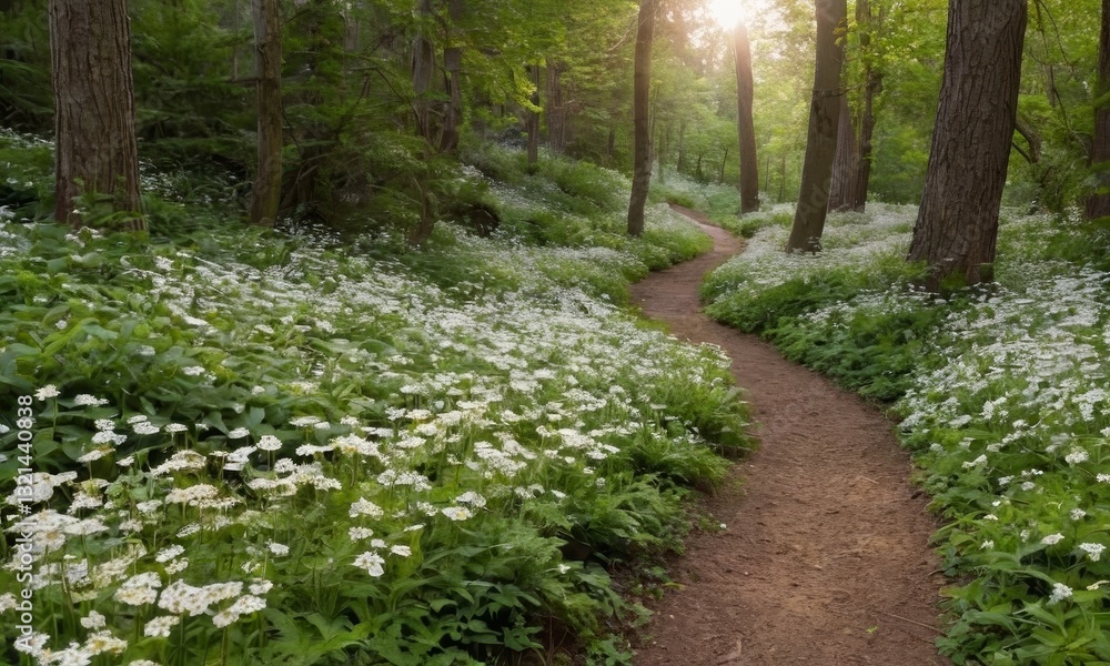 Obraz premium Enchanting forest pathway lined with delicate white flowers creating a serene and picturesque woodland scene