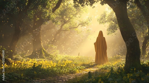 29. A divine healer standing in a sacred grove, their touch restoring life to withering plants