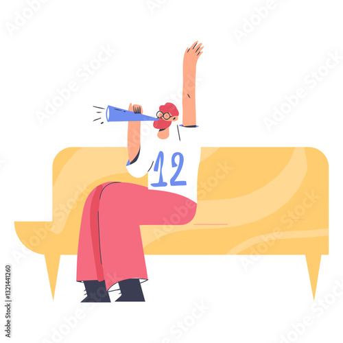 Fan's Cheering Euphoria: A fan, brimming with excitement and elation, passionately cheers on his team while seated on a plush sofa.
