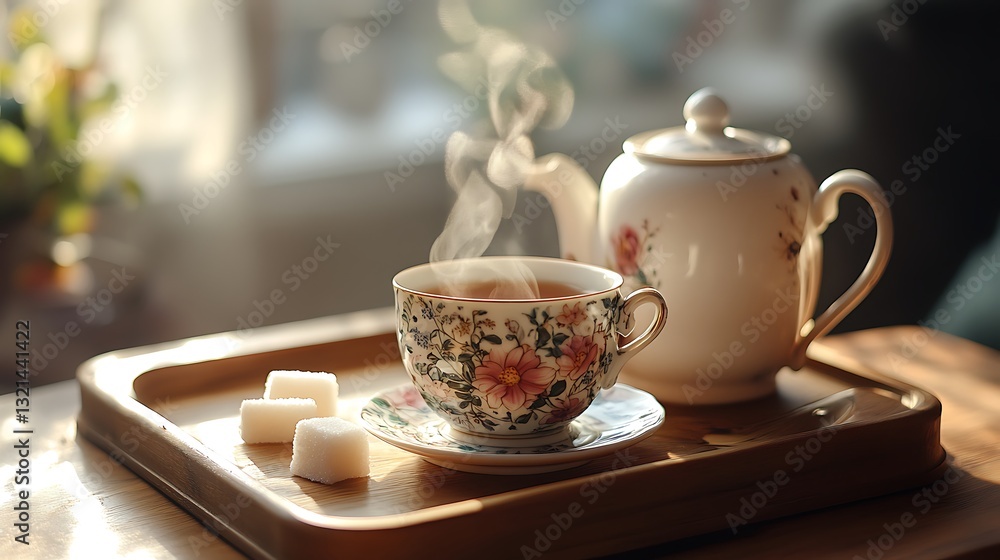 Enjoying Hot Tea with Sugar Cubes on a Wooden Tray Enjoying Hot Tea with Sugar Cubes on a Wooden Tray