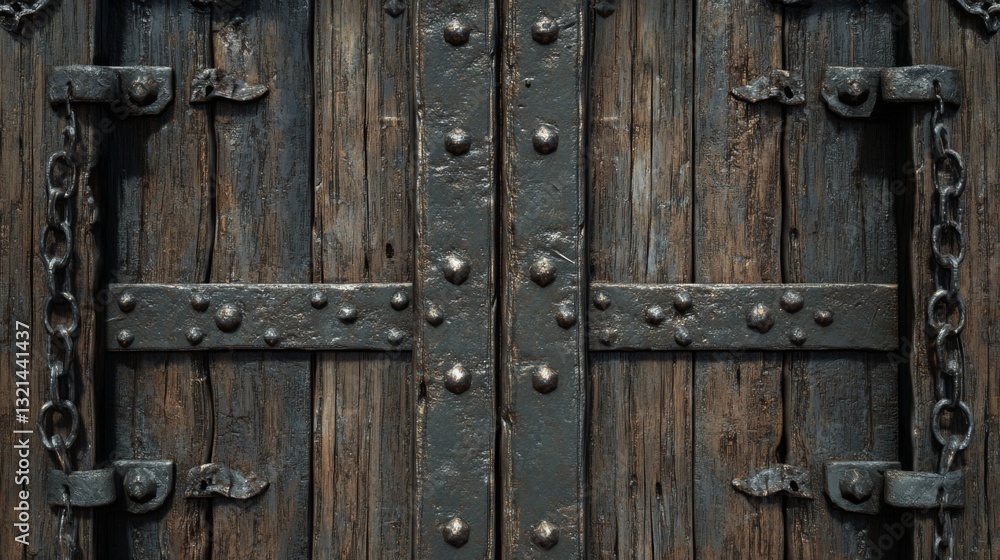 Fototapeta premium Dark brown wooden door with heavy black metal accents, rivets, and chains. Weathered texture, aged appearance