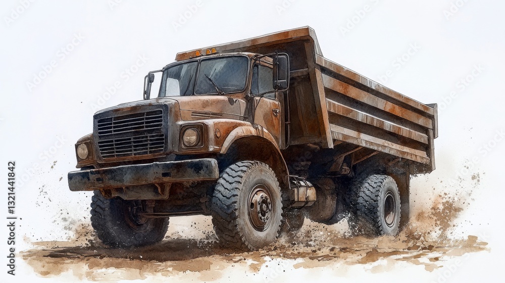 Rusty dump truck driving on a dirt road, watercolor painting. The truck is brown and shows signs of wear and tear. The background is mostly white. Rusty dump truck driving on a dirt road, watercolor painting. The truck is brown and shows signs of wear and tear. The background is mostly white.