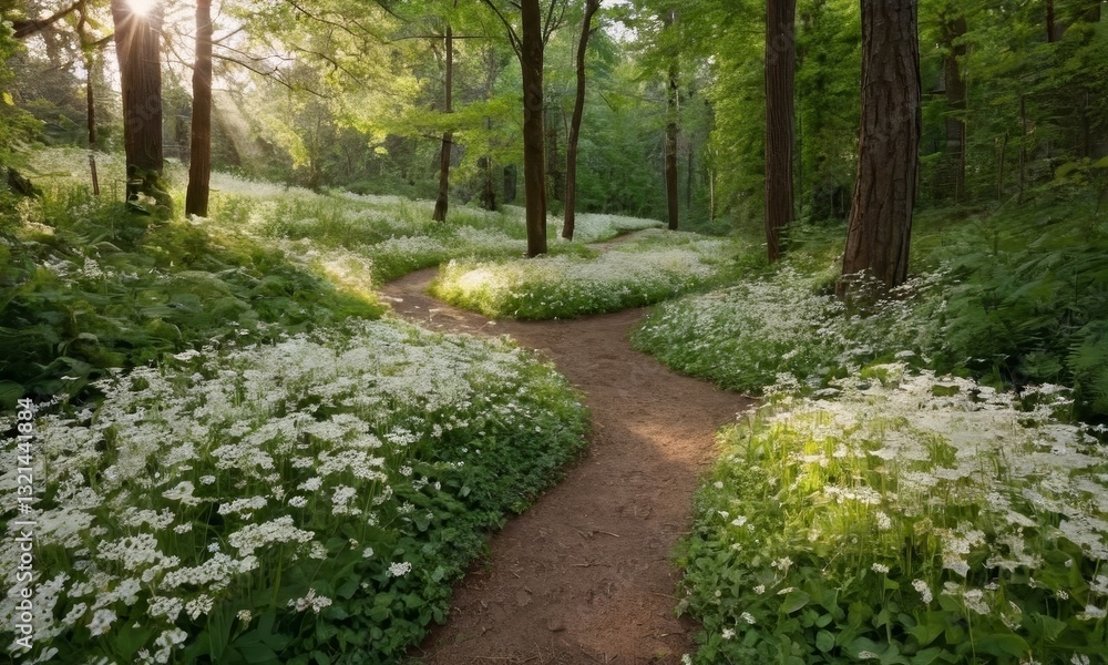 Fototapeta premium Enchanting forest path with wildflowers and sunbeams creating a peaceful natural scene