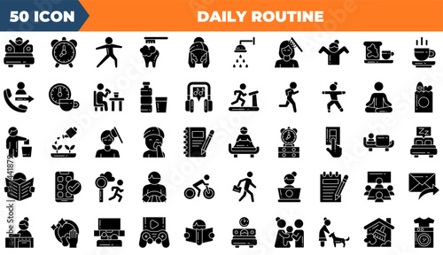Daily Routine icon set. Containing routine, bedtime, saving,and more. Solid vector icons collection.