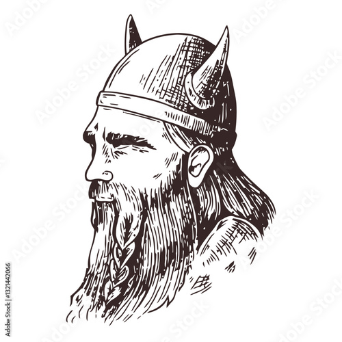 Viking Profile: A detailed, hand-drawn portrait of a stoic viking, helmeted and with a long beard, set against a neutral backdrop.