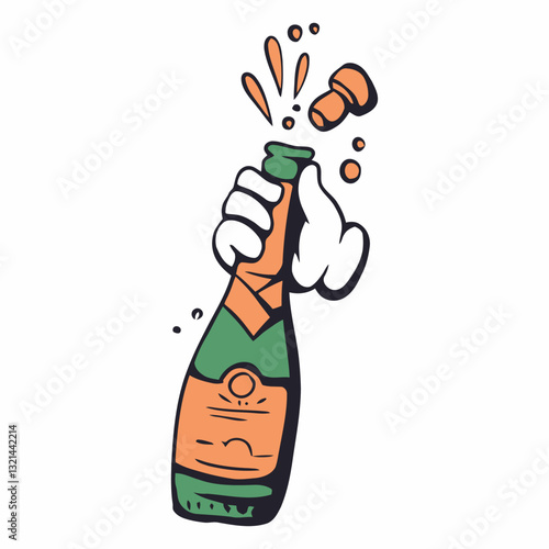 Champagne Celebration: A cartoon hand pops a champagne bottle, cork flying, and the effervescence spilling out, perfect for celebrating festive moments.