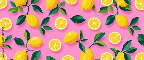 lemon pattern on pink plain background digital abstract art work illustration design