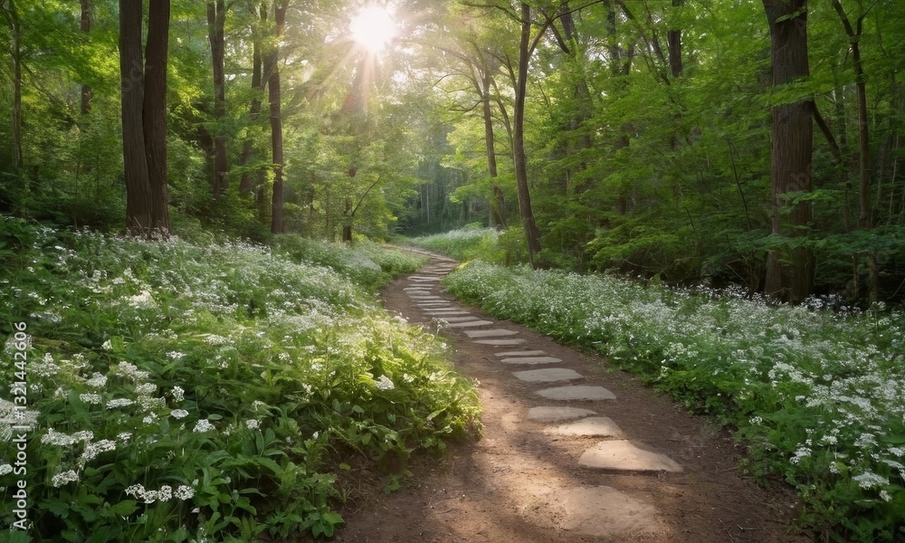 Sunlit Pathway Through a Lush Forest with Wildflowers in Abundance Sunlit Pathway Through a Lush Forest with Wildflowers in Abundance