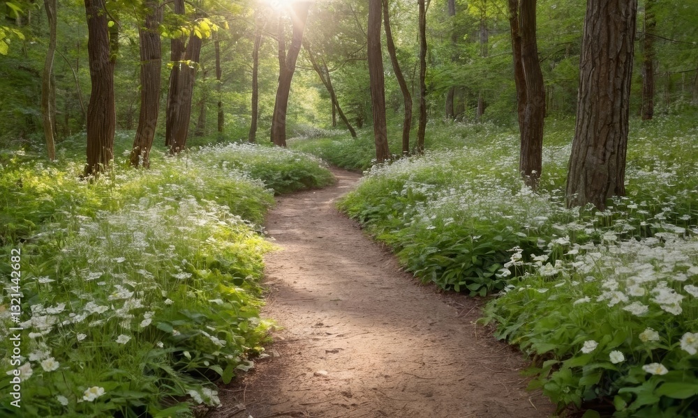 Fototapeta premium Enchanting forest path with wildflowers and dappled sunlight streaming through the trees
