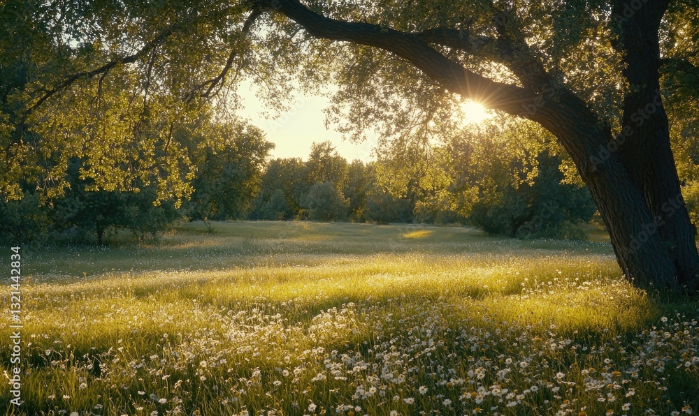Fototapeta premium Sunlit meadow beneath a willow tree. Lush green foliage. Soft, golden sunlight filtering through the trees. A field of daisies