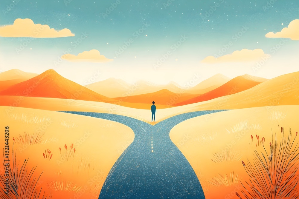 custom made wallpaper toronto digitalIllustration of a person standing at a fork in the road with two paths.
