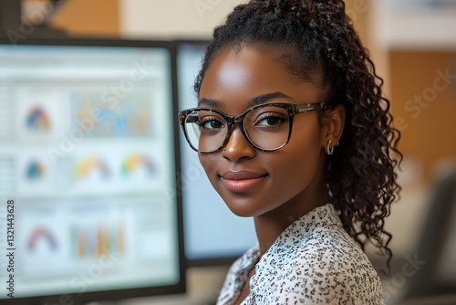 an african american woman wearing glasses smiling at the camera near monitor.