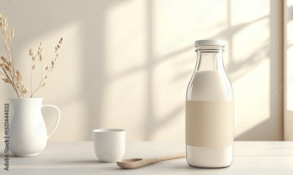 mockup of natural farm milk bottle with blank paper label on cozy rustic kitchen, glass bottle and ceramic mug on wooden surface, AI generated mockup of natural farm milk bottle with blank paper label on cozy rustic kitchen, glass bottle and ceramic mug on wooden surface, AI generated