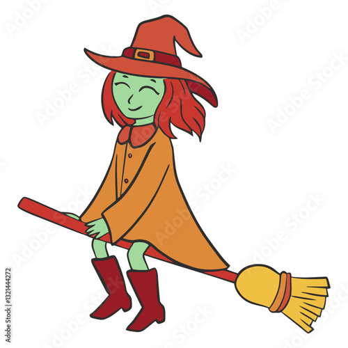 Whimsical Witch's Flight: A cartoon witch with a green complexion, wearing a vibrant hat and coat, rides a broom through the air, capturing the playful essence of a spellbinding adventure.