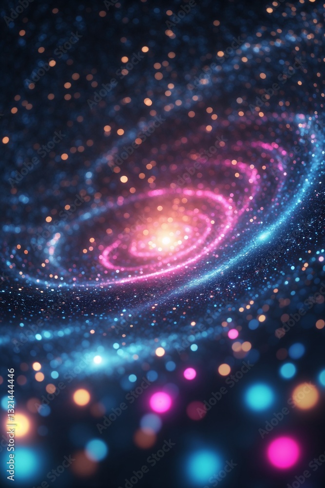 Swirling pink and blue galaxy with colorful bokeh lights Swirling pink and blue galaxy with colorful bokeh lights