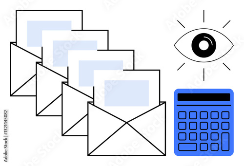 Open envelopes with letters, calculator, and an observant eye. Ideal for communication, analytics, financial planning, security, oversight mail tracking workflow illustration. Flat simple metaphor