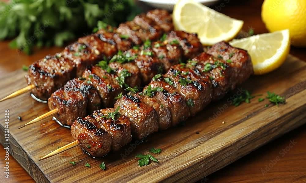 Grilled meat skewers garnished with herbs and lemon slices on a wooden board, showcasing a delicious meal Grilled meat skewers garnished with herbs and lemon slices on a wooden board, showcasing a delicious meal