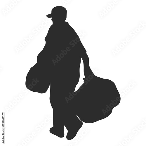 Silhouette of a Homeless Person: A stark silhouette of a person burdened by life's hardships, clutching belongings as they walk, embodying resilience and struggle.