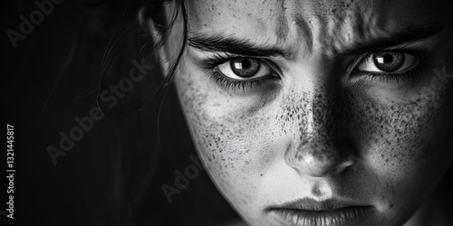 Wallpaper Mural Intense Portrait of a Woman with Freckles and Strong Expression, Close-Up of a Serious Woman with Piercing Eyes and Freckles, Black and White Photo of a Woman Showing Strong Facial Expression
 Torontodigital.ca