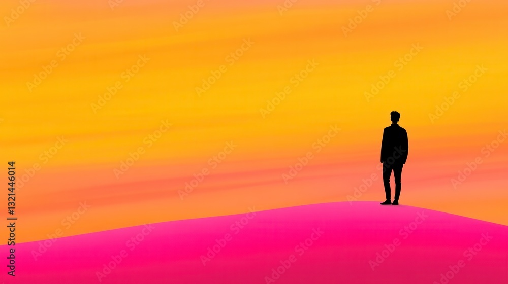 Fototapeta premium Silhouette of a person standing on a pink hill against a vibrant orange and yellow sunset. Minimalist digital art.