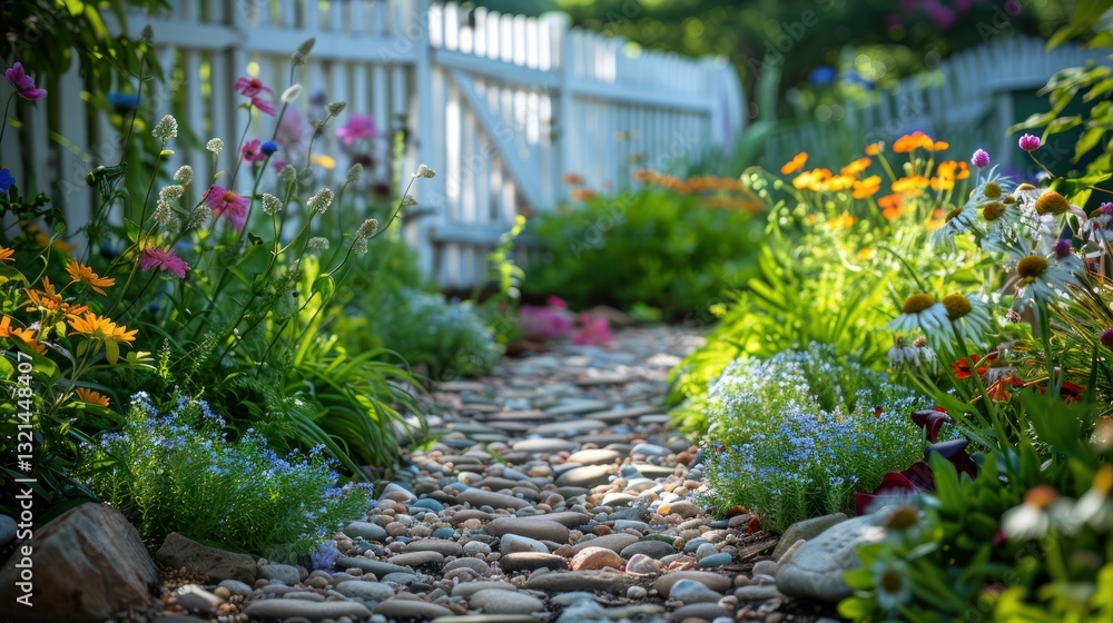 Sunny garden path lined with colorful flowers and a white picket fence Sunny garden path lined with colorful flowers and a white picket fence