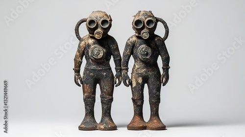 Vintage Diver Statues: A Weathered Metal Sculpture Duo