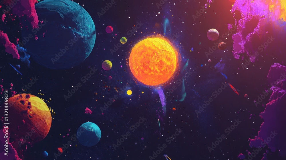 Naklejka premium A vibrant cosmic scene featuring a bright sun and various colorful planets in space.