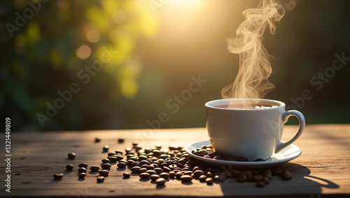 A high-resolution, realistic photograph of a steaming mug of coffee placed on a weathered wooden table