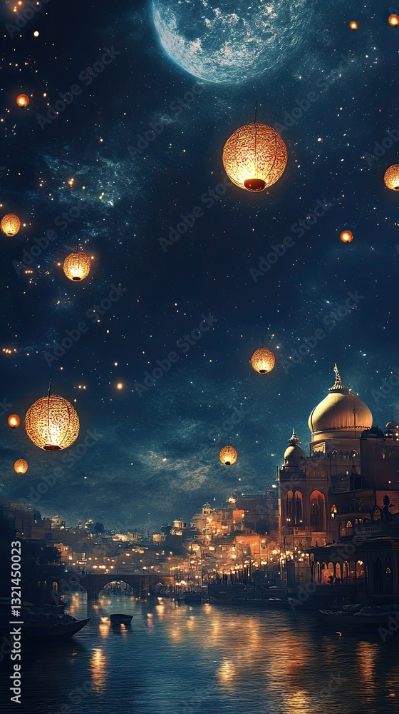 Naklejka premium Ramadan enchantment with floating lanterns and a deep midnight sky