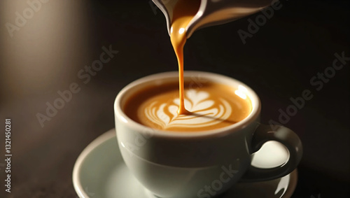 A hyper-realistic digital photograph capturing the moment an espresso shot is poured into a small cup