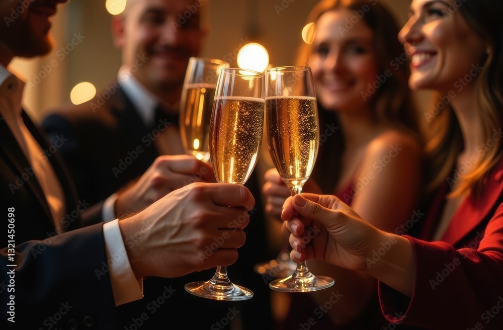 A group of friends joyfully toasts with glasses of champagne in a warm inviting atmosphere. The event exudes a sense of celebration and camaraderie among the attendees. A group of friends joyfully toasts with glasses of champagne in a warm inviting atmosphere. The event exudes a sense of celebration and camaraderie among the attendees.
