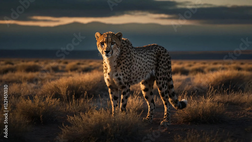 A hyper-realistic cinematic scene featuring a sleek cheetah poised on the edge of the dark plains at dusk
