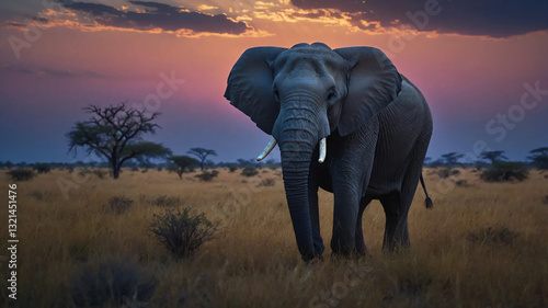 A hyper-realistic digital illustration of a gentle elephant standing amidst a vast savanna at twilight