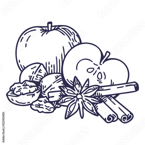 Apple and Spices: A charming artistic representation showcases two crisp apples alongside cinnamon sticks, star anise, and walnut kernels, celebrating the essence of autumn's flavors.