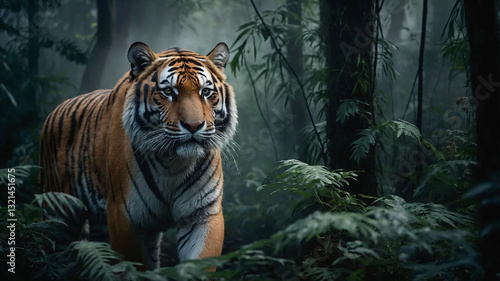 A hyper-realistic digital rendering of a Siberian tiger stealthily moving through a misty, dark jungle