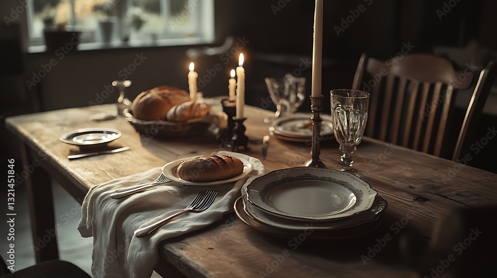 Fototapeta premium Dining Table Setting with Bread and Candles for a Cozy Meal