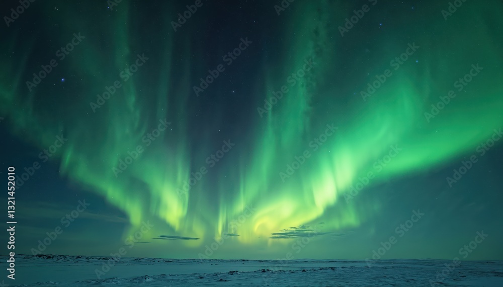 Naklejka premium Ethereal green aurora borealis over snow covered landscape at night. Luminous sky, cosmic light display, winter nature beauty at South Pole, Antarctic. Perfect screensaver on your devices.