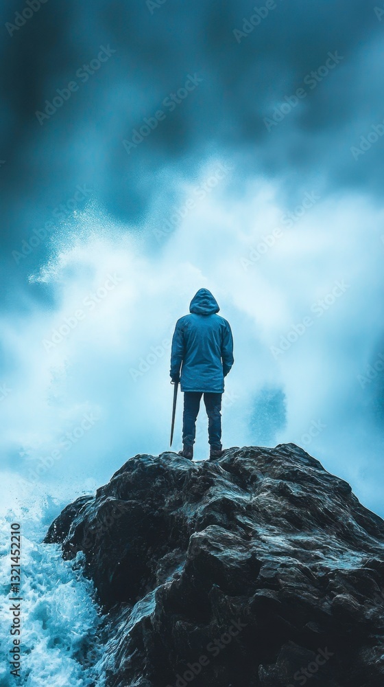Obraz premium A lone figure in a hooded coat stands on a rock, facing powerful ocean waves crashing against the shore under a dramatic, stormy sky.