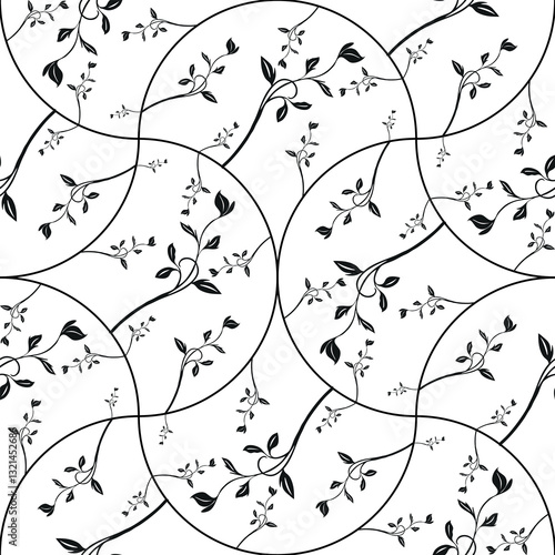 A vector seamless pattern featuring delicate black floral vines on a white background in random arch shapes. The design includes intertwining branches, leaves, and small flowers.