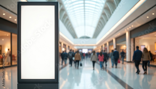 White billboard stands in mall, people walking. Place for text image, advertising mock up. Commercial space, business template, public panel. Modern urban interior, promotion screen, signage, copy