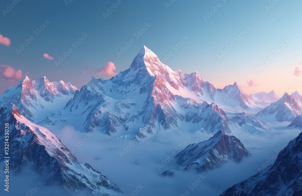 Obraz premium 3D illustration of Everest mountain range covered with snow, glaciers. Blue sky with pink clouds. Winter mountain landscape background. Adventure travel, hiking, trekking in Nepal, Himalaya region.