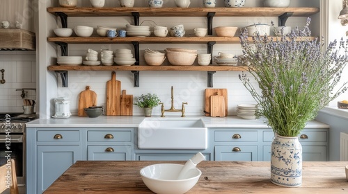a charming Provence-style kitchen featuring open wooden shelves, vintage ceramic dishes, a large farmhouse sink, 