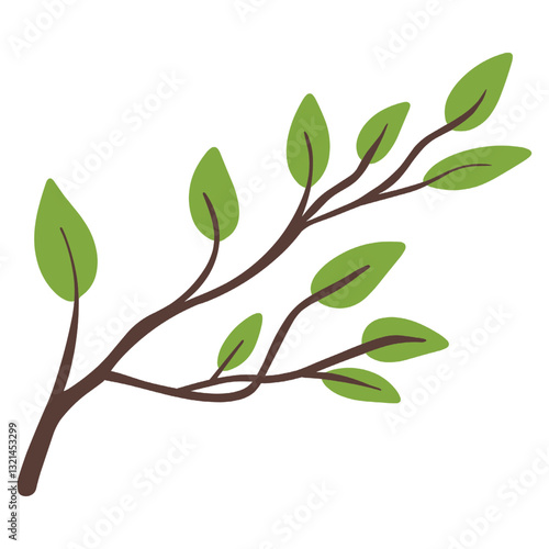 A simple vector illustration of a branch with green leaves, featuring a brown stem and multiple green leaf clusters.